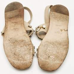 Prada Beige Suede Crystals Embellished Flat Sandals Size 38