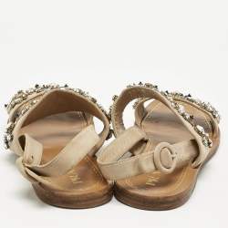 Prada Beige Suede Crystals Embellished Flat Sandals Size 38
