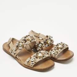 Prada Beige Suede Crystals Embellished Flat Sandals Size 38