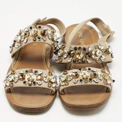 Prada Beige Suede Crystals Embellished Flat Sandals Size 38