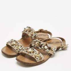 Prada Beige Suede Crystals Embellished Flat Sandals Size 38