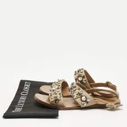 Prada Beige Suede Crystals Embellished Flat Sandals Size 38