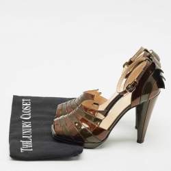 Prada Brown/Green Patent Leather Pleated Peep Toe D'orsay Pumps Size 36.5