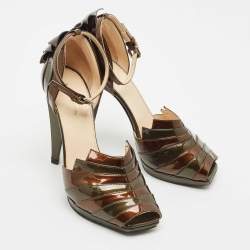 Prada Brown/Green Patent Leather Pleated Peep Toe D'orsay Pumps Size 36.5