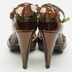 Prada Brown/Green Patent Leather Pleated Peep Toe D'orsay Pumps Size 36.5