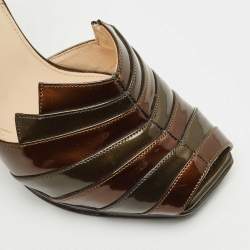 Prada Brown/Green Patent Leather Pleated Peep Toe D'orsay Pumps Size 36.5
