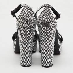 Prada Black Satin Crystal Embellished Ankle Strap Platform Sandals Size 39.5