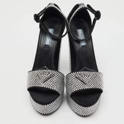 Prada Black Satin Crystal Embellished Ankle Strap Platform Sandals Size 39.5
