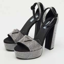 Prada Black Satin Crystal Embellished Ankle Strap Platform Sandals Size 39.5