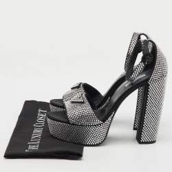 Prada Black Satin Crystal Embellished Ankle Strap Platform Sandals Size 39.5