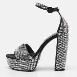 Prada Black Satin Crystal Embellished Ankle Strap Platform Sandals Size 39.5