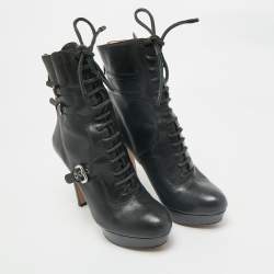 Prada Black Leather Platform Ankle Boots Size 38