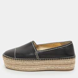 Prada Black Leather Platform Espadrille Flats Size 37.5