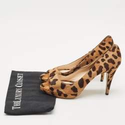 Prada Brown Leopard Print Calf Hair Peep Toe Platform Pumps Size 39