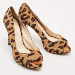 Prada Brown Leopard Print Calf Hair Peep Toe Platform Pumps Size 39