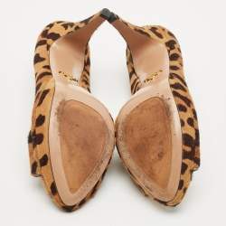 Prada Brown Leopard Print Calf Hair Peep Toe Platform Pumps Size 39
