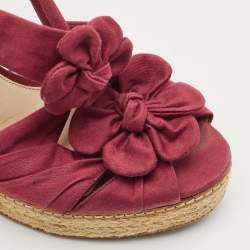 Prada Burgundy Fabric Flower Cork Wedge Slingback Sandals Size 40