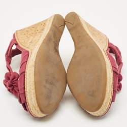 Prada Burgundy Fabric Flower Cork Wedge Slingback Sandals Size 40