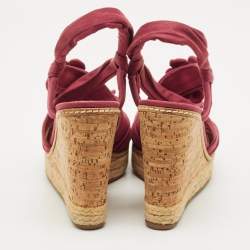Prada Burgundy Fabric Flower Cork Wedge Slingback Sandals Size 40