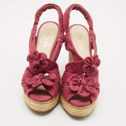 Prada Burgundy Fabric Flower Cork Wedge Slingback Sandals Size 40