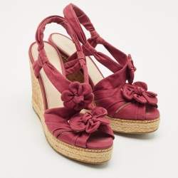 Prada Burgundy Fabric Flower Cork Wedge Slingback Sandals Size 40