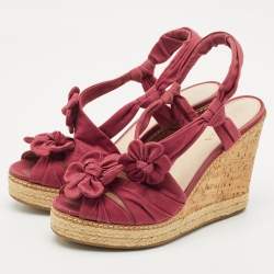 Prada Burgundy Fabric Flower Cork Wedge Slingback Sandals Size 40