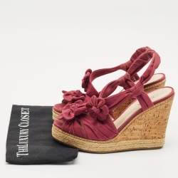 Prada Burgundy Fabric Flower Cork Wedge Slingback Sandals Size 40