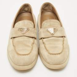Prada Beige Suede Logo Plaque Slip On Loafers Size 39