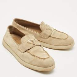 Prada Beige Suede Logo Plaque Slip On Loafers Size 39