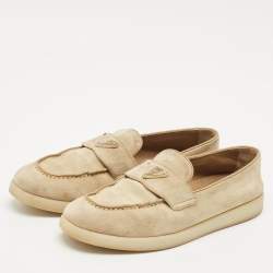 Prada Beige Suede Logo Plaque Slip On Loafers Size 39