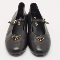 Prada Black Leather Triangle Logo Mary Jane Ballet Flats Size 38