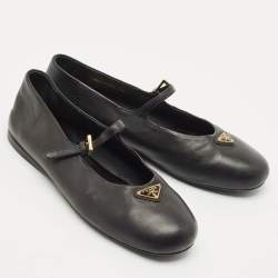 Prada Black Leather Triangle Logo Mary Jane Ballet Flats Size 38