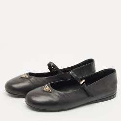 Prada Black Leather Triangle Logo Mary Jane Ballet Flats Size 38