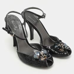 Prada Black Sequin and Satin Flower Embellished Peep Toe Pumps 38.5