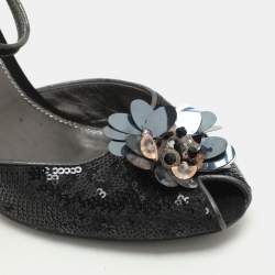 Prada Black Sequin and Satin Flower Embellished Peep Toe Pumps 38.5