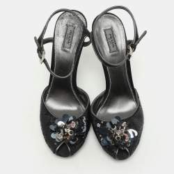 Prada Black Sequin and Satin Flower Embellished Peep Toe Pumps 38.5