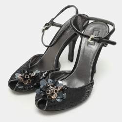 Prada Black Sequin and Satin Flower Embellished Peep Toe Pumps 38.5