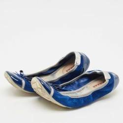 Prada Navy Blue/Silver Patent Leather and Nubuck Leather Scrunch Ballet Flats Size 38