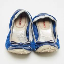 Prada Navy Blue/Silver Patent Leather and Nubuck Leather Scrunch Ballet Flats Size 38