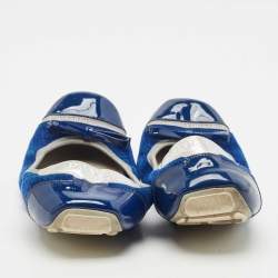 Prada Navy Blue/Silver Patent Leather and Nubuck Leather Scrunch Ballet Flats Size 38