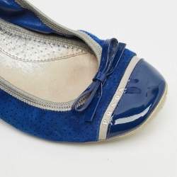 Prada Navy Blue/Silver Patent Leather and Nubuck Leather Scrunch Ballet Flats Size 38