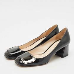 Pre Owned Prada Black Patent Leather Buckle Detail Block Heel Pumps Size 37