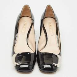 Pre Owned Prada Black Patent Leather Buckle Detail Block Heel Pumps Size 37