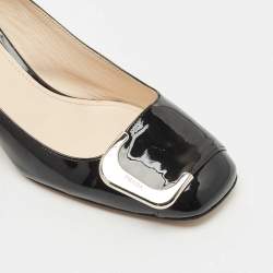 Pre Owned Prada Black Patent Leather Buckle Detail Block Heel Pumps Size 37