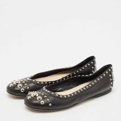 Pre Owned Prada Black Leather Studded Ballet Flats Size 37.5