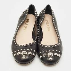 Pre Owned Prada Black Leather Studded Ballet Flats Size 37.5