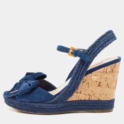Prada Blue Suede Bow Cork Wedge Slingback Sandals Size 38