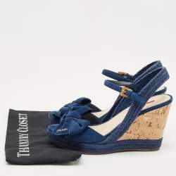 Prada Blue Suede Bow Cork Wedge Slingback Sandals Size 38