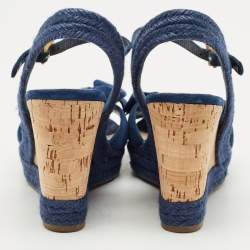 Prada Blue Suede Bow Cork Wedge Slingback Sandals Size 38