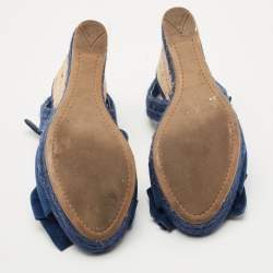 Prada Blue Suede Bow Cork Wedge Slingback Sandals Size 38